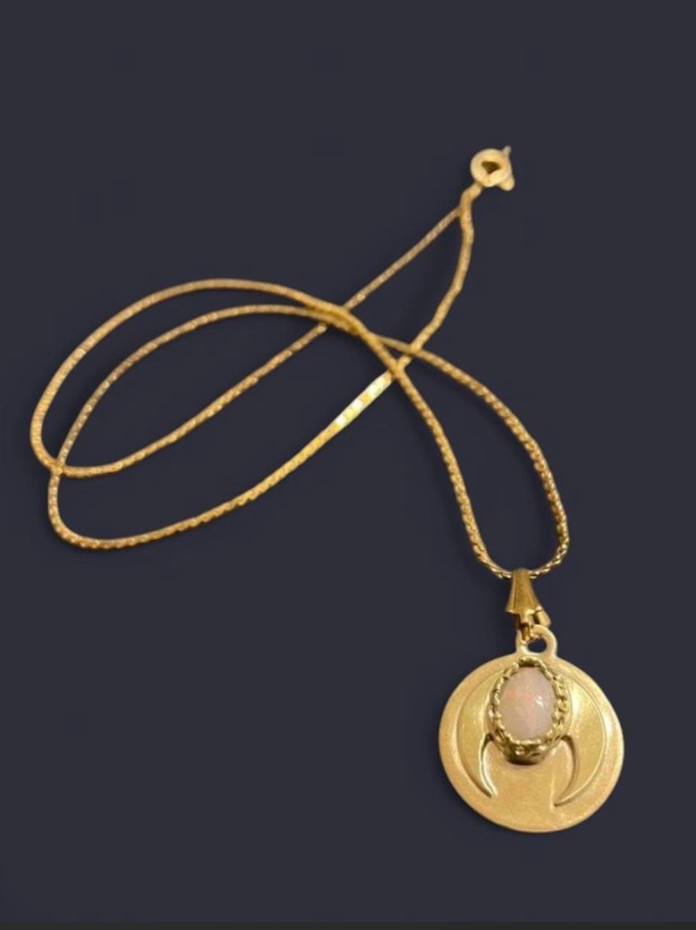 Opal Crescent Pendant Necklace | Brass Celestial Medallion | Vintage-Inspired